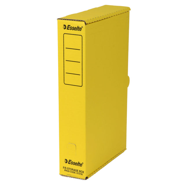 Vibrant yellow ESSELTE storage box for organizing A4 paper, eco-friendly, with spine panel and thumb hole for easy access.