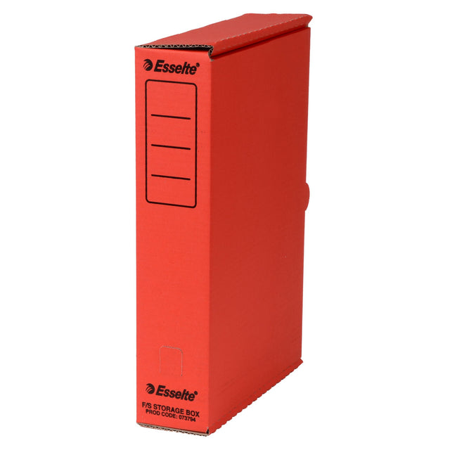 Vibrant red ESSELTE storage box for A4/foolscap paper, features thumb hole for easy access and panel for content labeling.