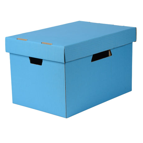 Vibrant blue ESSELTE archive box designed for organizing documents, made from 71% recycled material, easy to assemble.