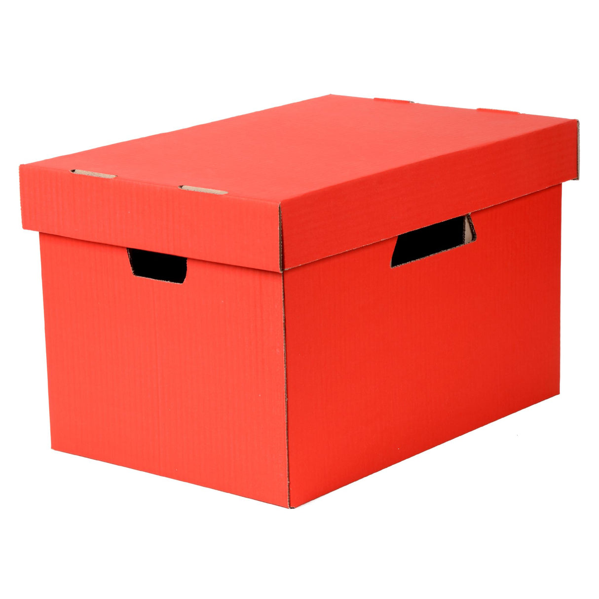 Bright red ESSELTE Archive Box designed to hold suspension files, easy to assemble with carry holes for transport.