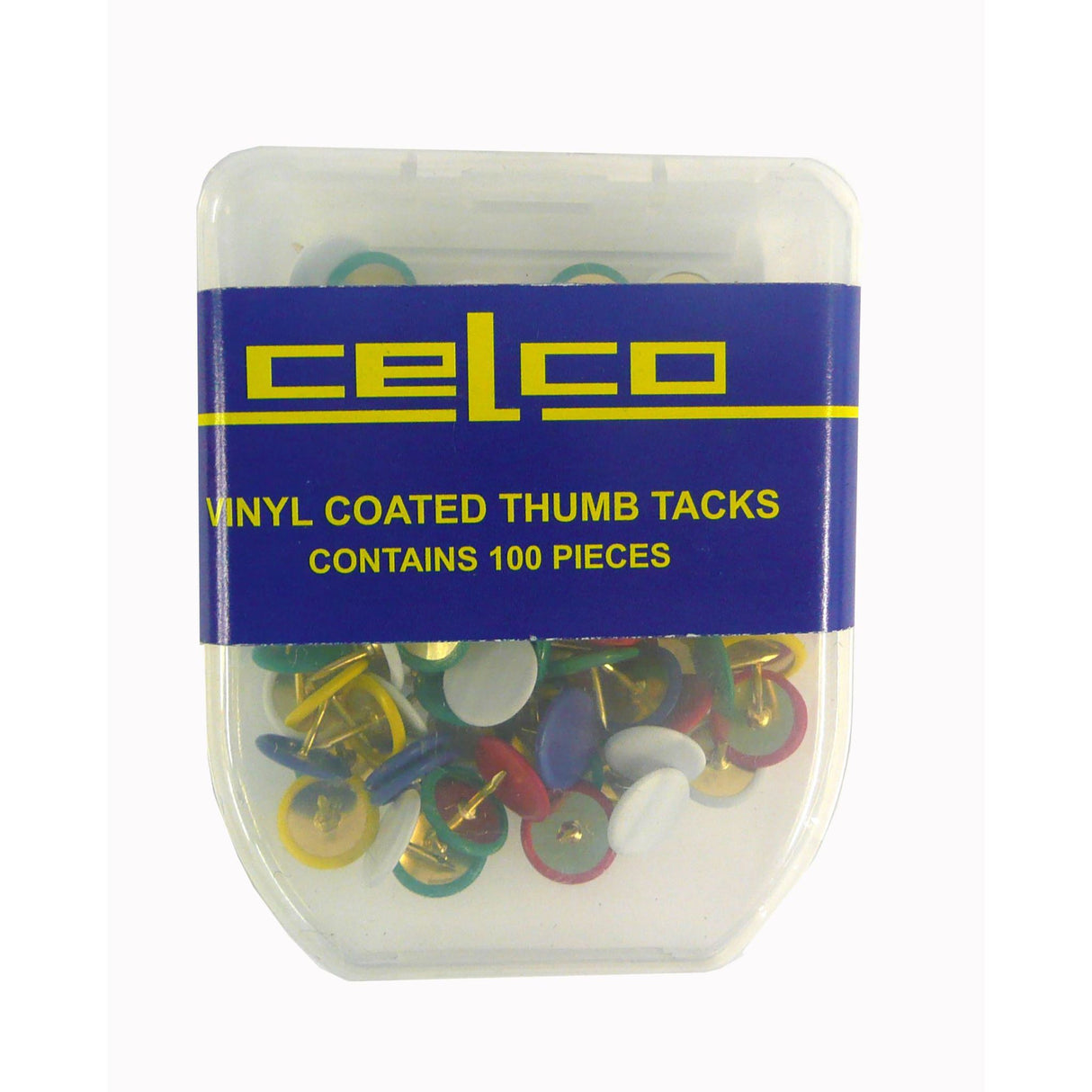 Colorful Celco Thumb Tacks in a pack of 100, perfect for pinning documents and crafting without leaving marks.