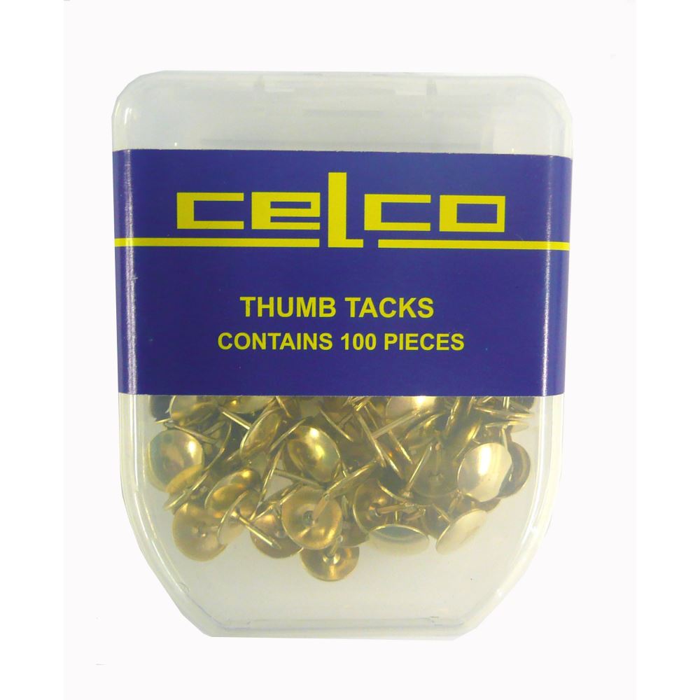 Celco Thumb Tacks in a pack of 100, perfect for organizing and decorating with vibrant colors and durable design.