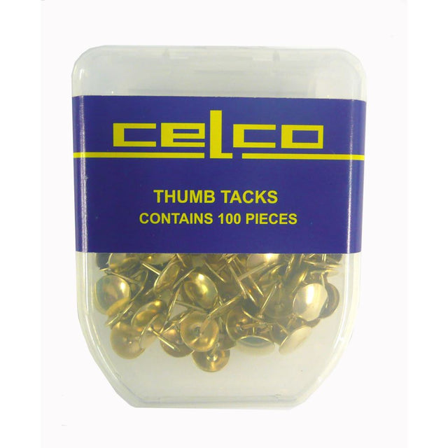 Celco Thumb Tacks in a pack of 100, perfect for organizing and decorating with vibrant colors and durable design.