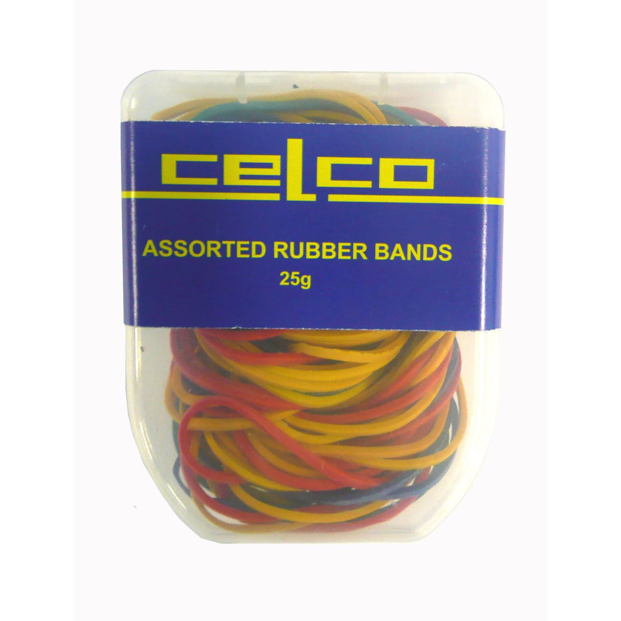 Vibrant assortment of Celco rubber bands in a 25gm bag, ideal for organizing papers and crafting projects.