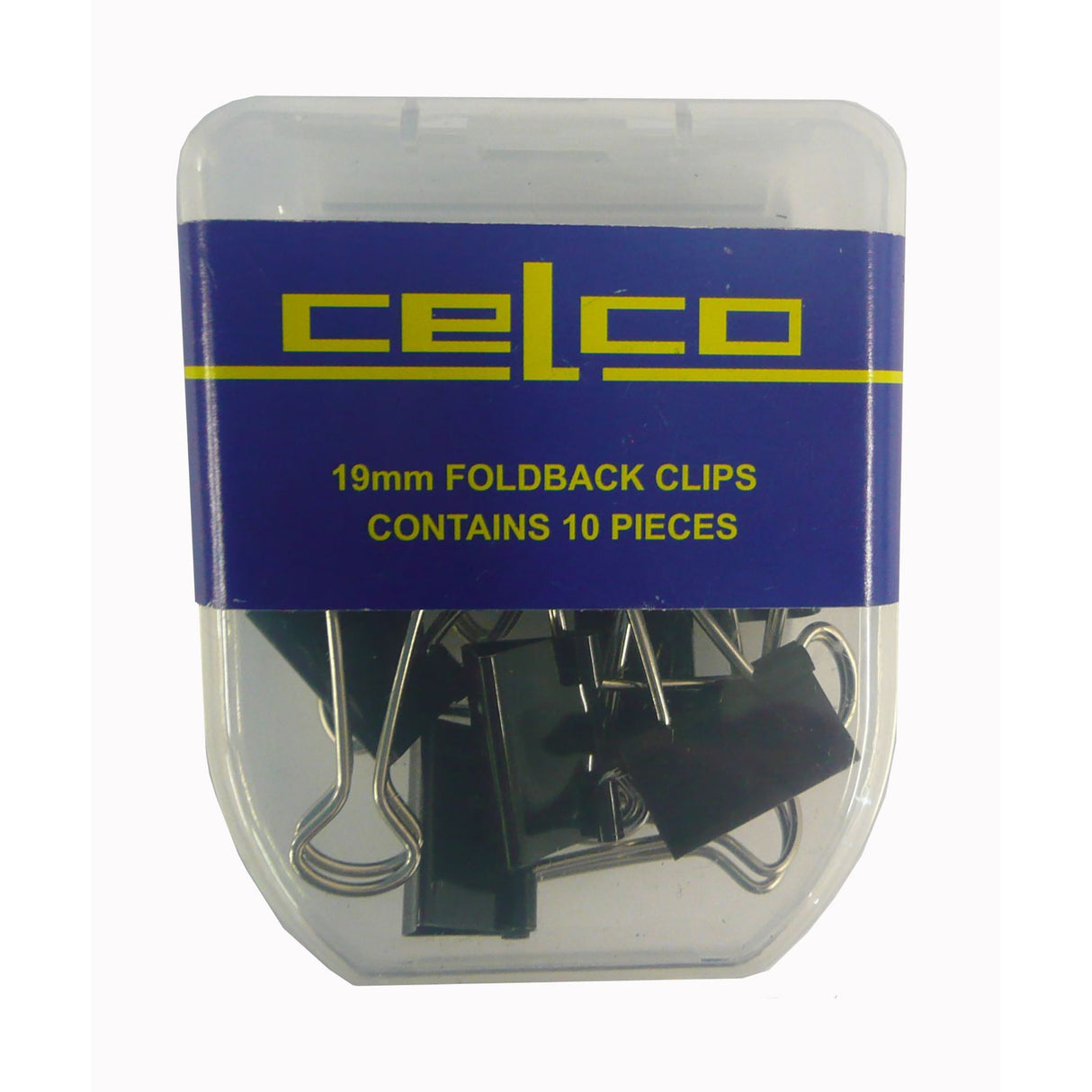 Celco 19mm Fold Back Clips in a packet of 10, strong spring steel for secure paper organization and management.