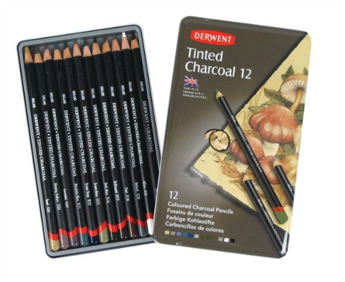 Derwent Tinted Charcoal Pencils in a tin of 12, featuring rich colors and charcoal blend for versatile artistic effects.