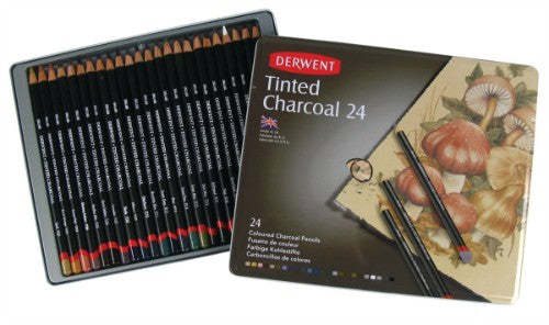 Derwent Tinted Charcoal Pencils in a tin of 24, featuring 21 vibrant tints and classic charcoal qualities for versatile art creation.