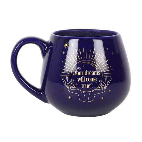 Blue Fortune Teller Colour Changing Mug displaying a mystical crystal ball design that reveals a fortune with heat.