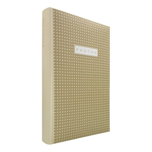 Elegant Boho Rattan Slip-In Photo Album for 500 4x6 photos, featuring protected pockets and memo areas for cherished memories.
