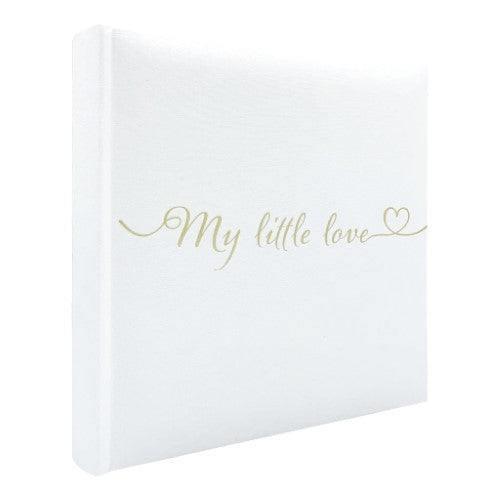 Elegant linen-covered photo album with embossed gold foil, holds 200 photos and includes memo space for cherished memories.