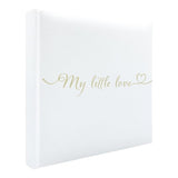 Elegant linen-covered photo album with embossed gold foil, holds 200 photos and includes memo space for cherished memories.