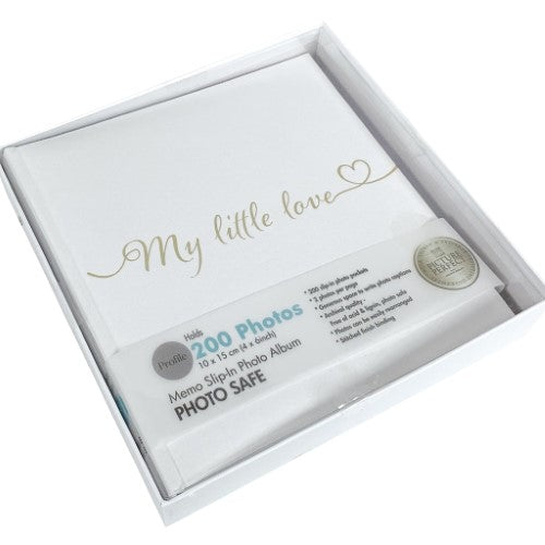 Elegant linen-covered photo album with embossed gold foil, holds 200 photos, perfect for preserving cherished memories.