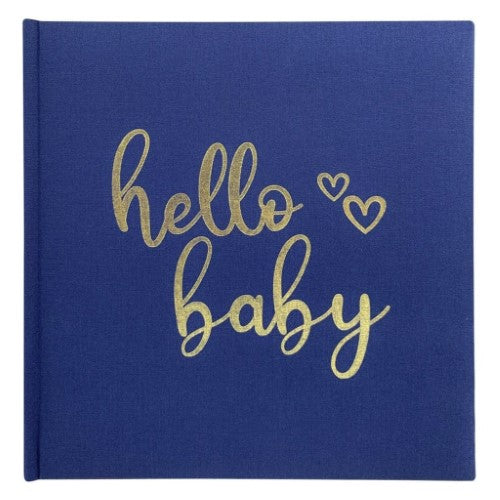 Navy slip-in photo album for 200 photos, featuring 'Hello Baby' embossed in gold foil on a textured linen cover.