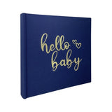 Alt text: Elegant navy photo album for babies, holds 200 4x6" photos, embossed "Hello Baby" with gold foil, includes memo areas.