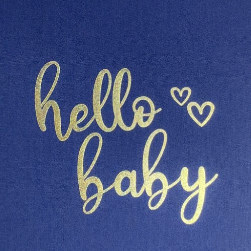 Navy slip-in photo album for 200 photos, embossed "Hello Baby," archival fabric, and memo areas for memories.