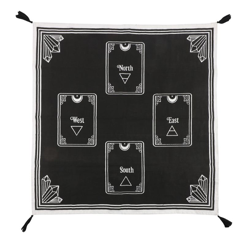 Soft cotton altar cloth with corner tassels, features directional designs for 4-card tarot spreads and spiritual decor.