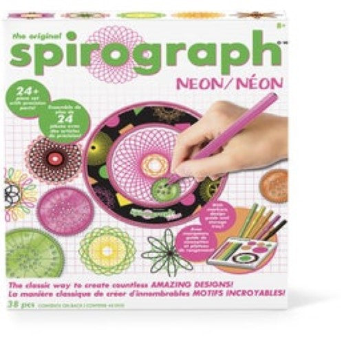 Colorful Spirograph Neon drawing tool set featuring 7 wheels, 5 markers, and design paper for creative geometric art.