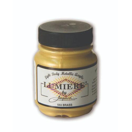 Bottle of JACQUARD LUMIERE BRASS 553 acrylic paint, showcasing a rich brass hue ideal for versatile artistic applications.