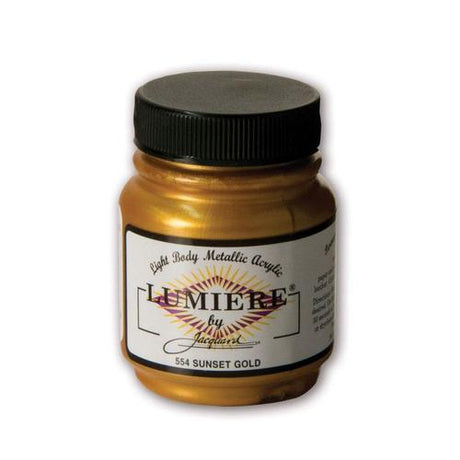 LUMIERE SUNSET GOLD 554 paint in a 66.54ml bottle, ideal for vibrant metallic effects on various surfaces like fabric and wood.
