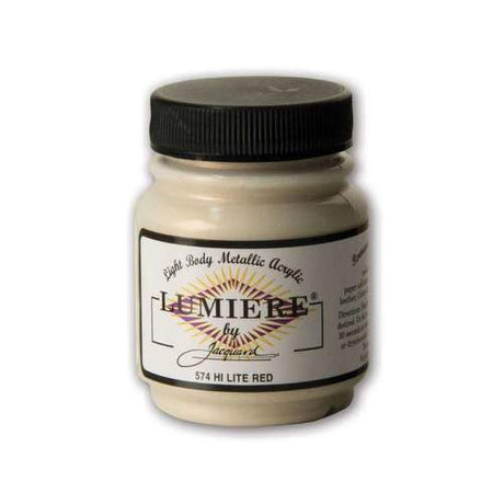 Vibrant JACQUARD LUMIERE HI LITE RED acrylic paint in a 66.54ml bottle, ideal for metallic effects on various surfaces.