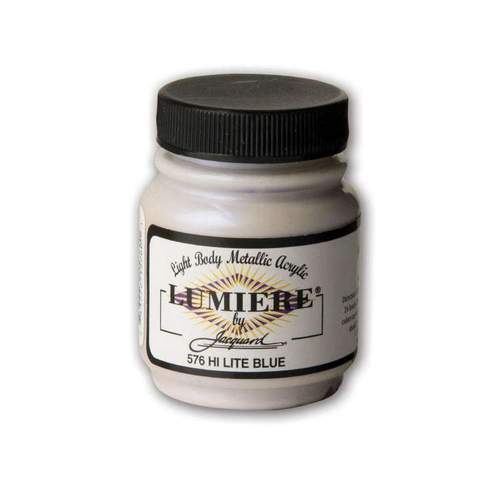 Vibrant JACQUARD LUMIERE HI LITE BLUE 576 acrylic paint, ideal for fabrics, crafts, and home decor with a metallic finish.
