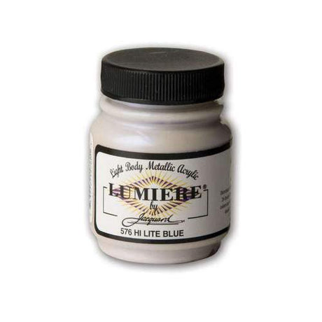 Vibrant JACQUARD LUMIERE HI LITE BLUE 576 acrylic paint, ideal for fabrics, crafts, and home decor with a metallic finish.