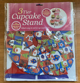 Three-tier cupcake stand set with assorted Christmas designs, perfect for festive dessert displays and holiday gatherings.