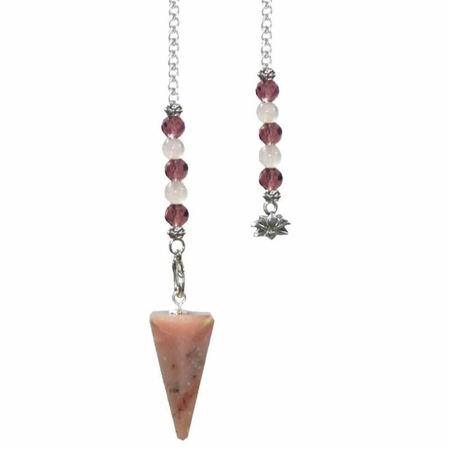 Faceted pink opal pendulum with lotus charm, perfect for divination and spiritual practices, measuring 28cm long.