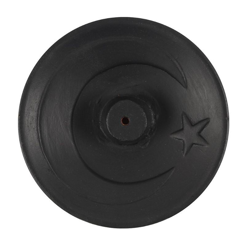 Black ceramic crescent moon incense plate, 9 cm wide, ideal for sacred spaces or unique home decor.