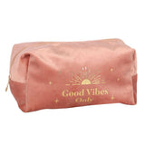 Good Vibes Only Toiletry Bag featuring stylish gold text and sun motif, perfect for organizing toiletries on the go.