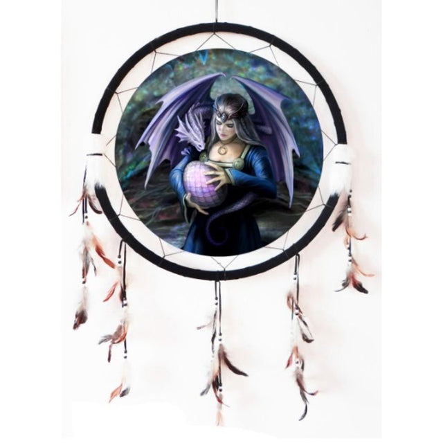 Dreamcatcher with 'Siblings' dragon art by Anne Stokes, framed in black velvet and bamboo, embellished with faux fur and feathers.