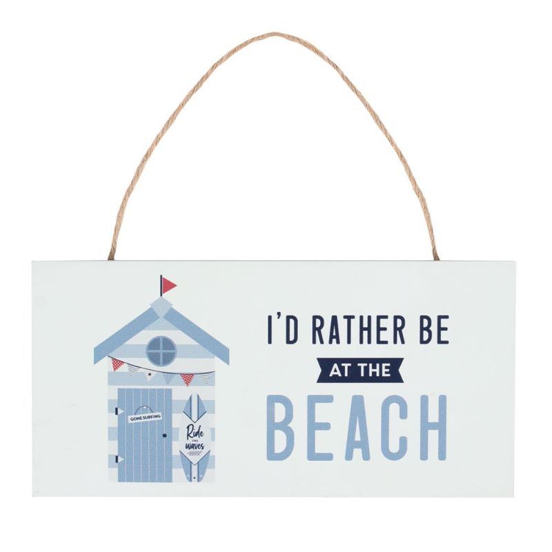 Nautical MDF sign with a beach hut graphic and "I'd rather be at the beach" phrase, perfect for coastal decor.