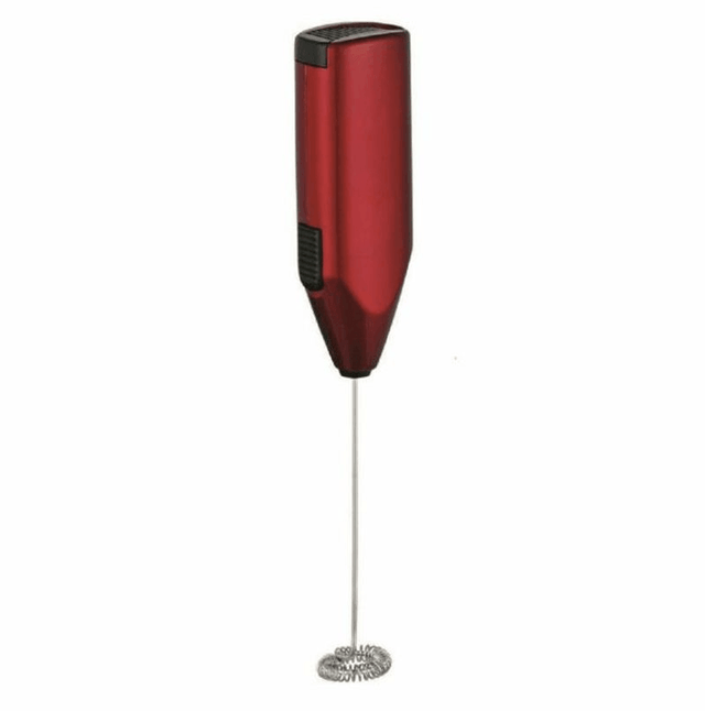 Avanti Little Whipper Milk Frother in red, a handheld device for creating creamy froth for coffee, lattes, and more.