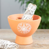 Large terracotta smudge bowl with intricate Mandala design, ideal for burning herbs and enhancing spiritual rituals.