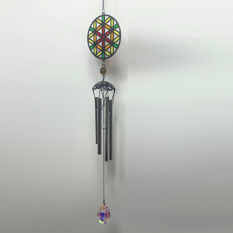 Elegant 25-inch Flower Of Life Wind Chime, producing soothing melodies while enhancing outdoor decor and promoting tranquility.