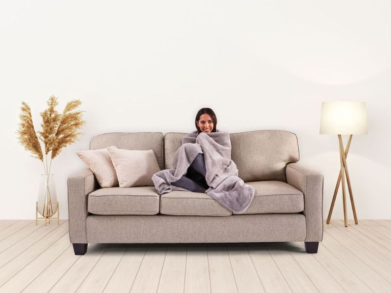 Ultra-soft Warm Grey sherpa fleece heated throw blanket with digital controller and customizable auto-off for cozy comfort.