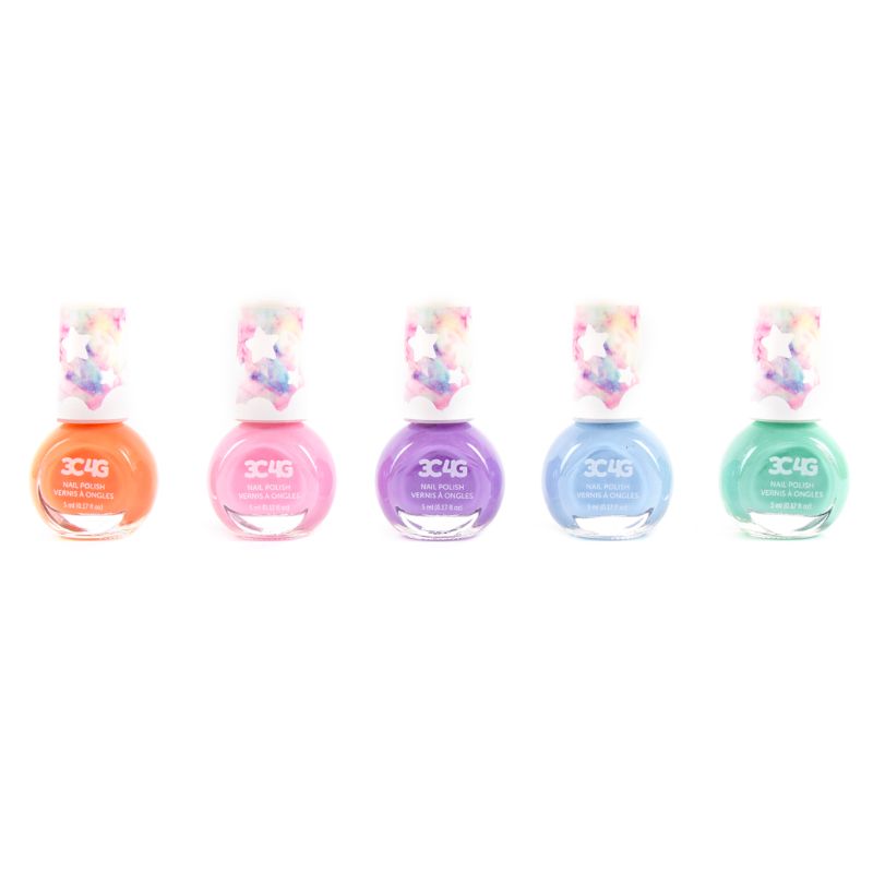 A boxed set of five pastel nail polishes in soft hues, perfect for gifting and everyday manicures.