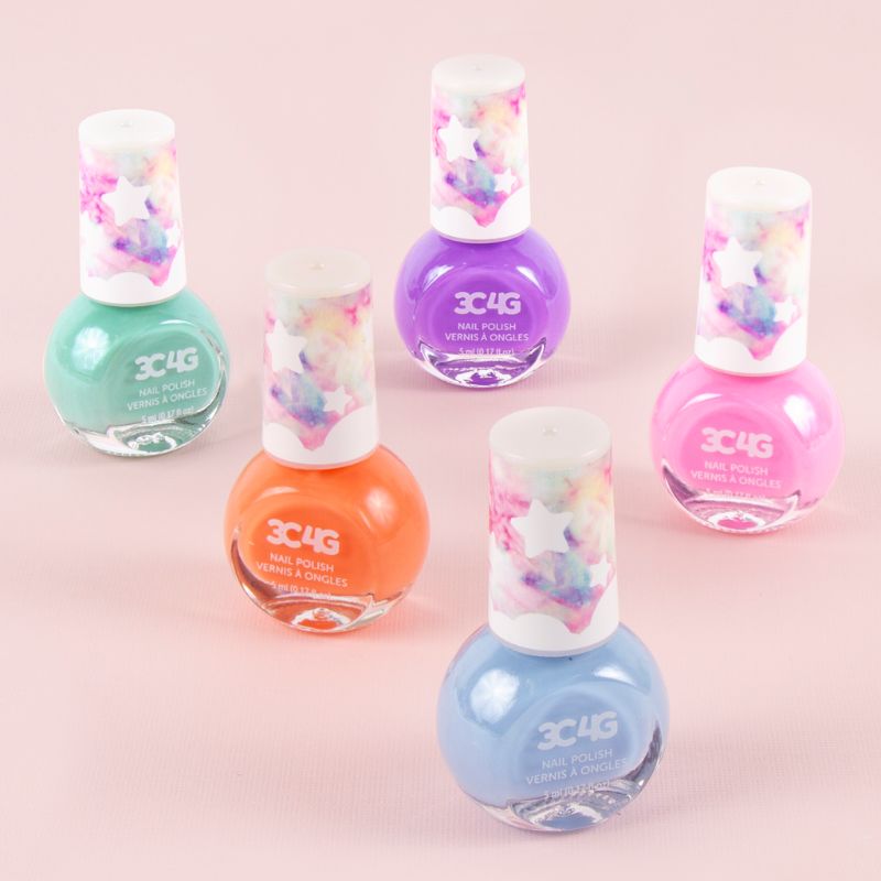 Five bottles of pastel nail polish in soft shades, perfect for creative manicures and everyday wear.