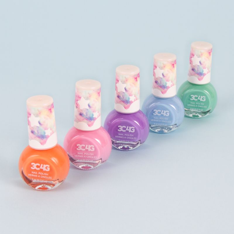 Five pastel nail polish bottles showcasing soft hues like lavender, mint, and peach, ideal for stylish manicures and nail art.