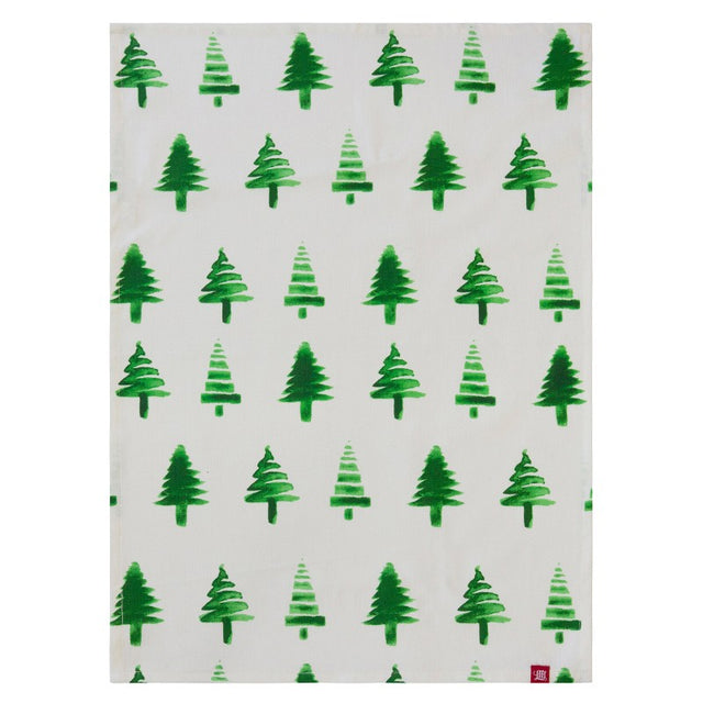 Vibrant watercolor trees adorn this eco-friendly cotton tea towel, perfect for drying dishes and stylish kitchen decor.