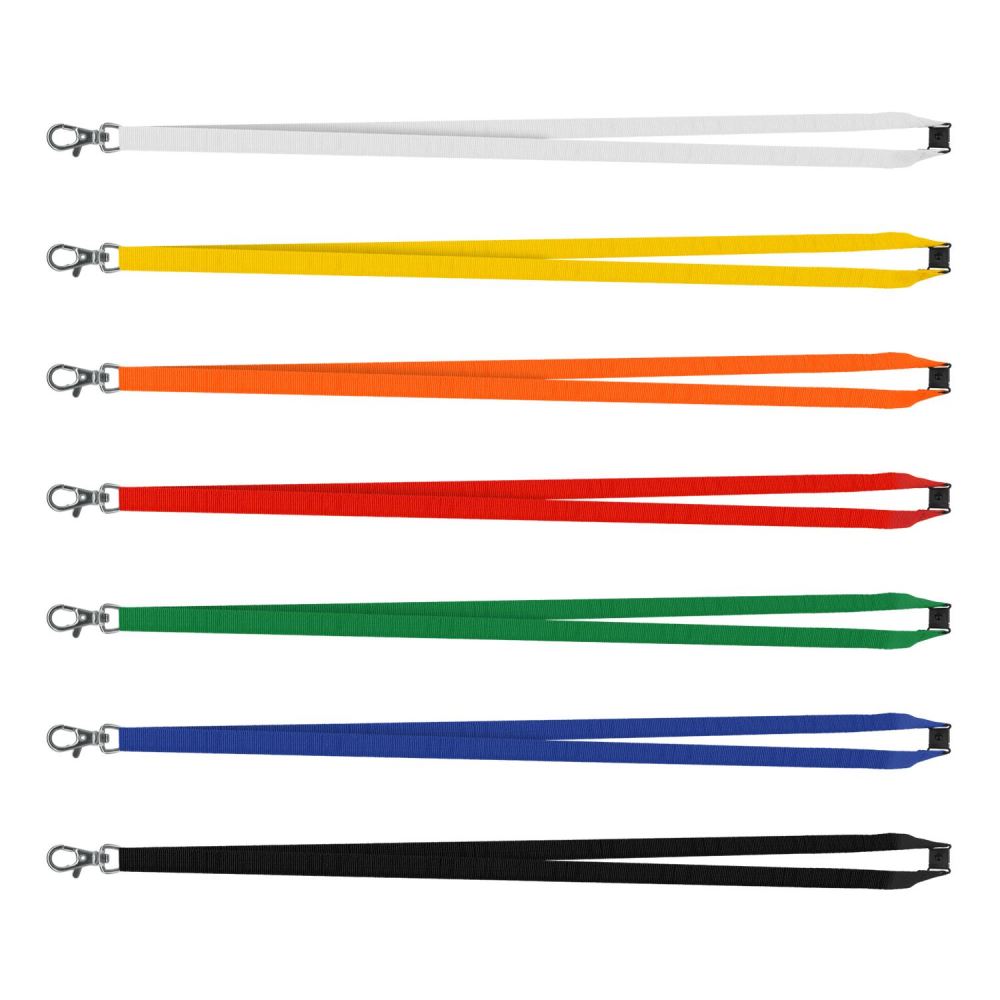 Bright orange lanyard with metal clip, measuring 12mm x 490mm, ideal for IDs and keys, sold in bulk of 100 units.