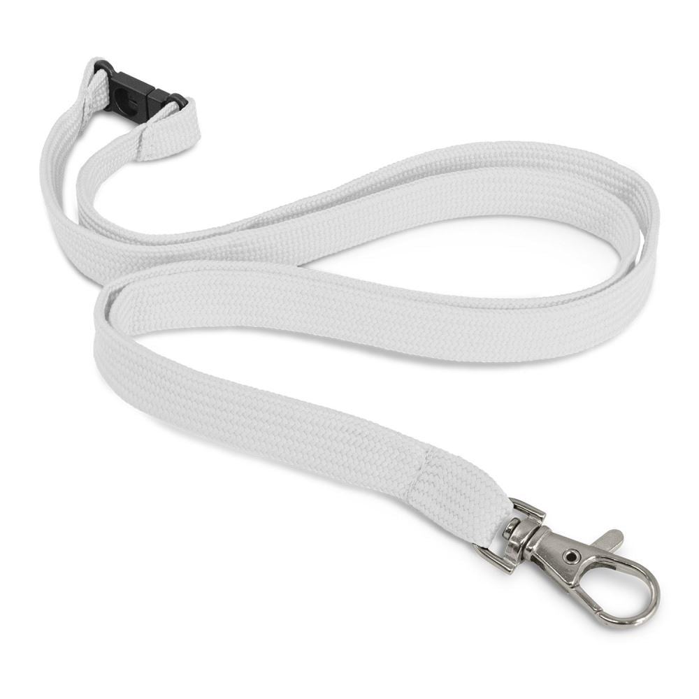 White lanyard with metal clip and safety clip, 12mm wide and 490mm long, ideal for events and custom branding.