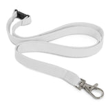 White lanyard with metal clip and safety clip, 12mm wide and 490mm long, ideal for events and custom branding.