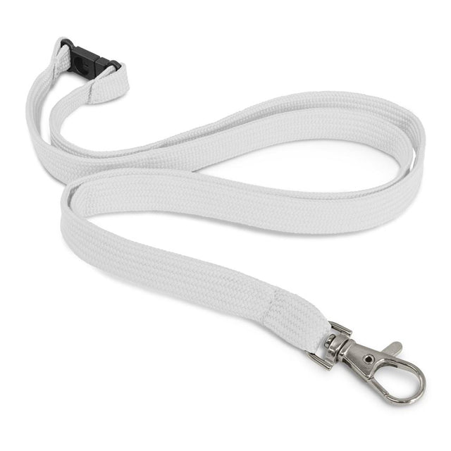 White lanyard with metal clip and safety clip, 12mm wide and 490mm long, ideal for events and custom branding.