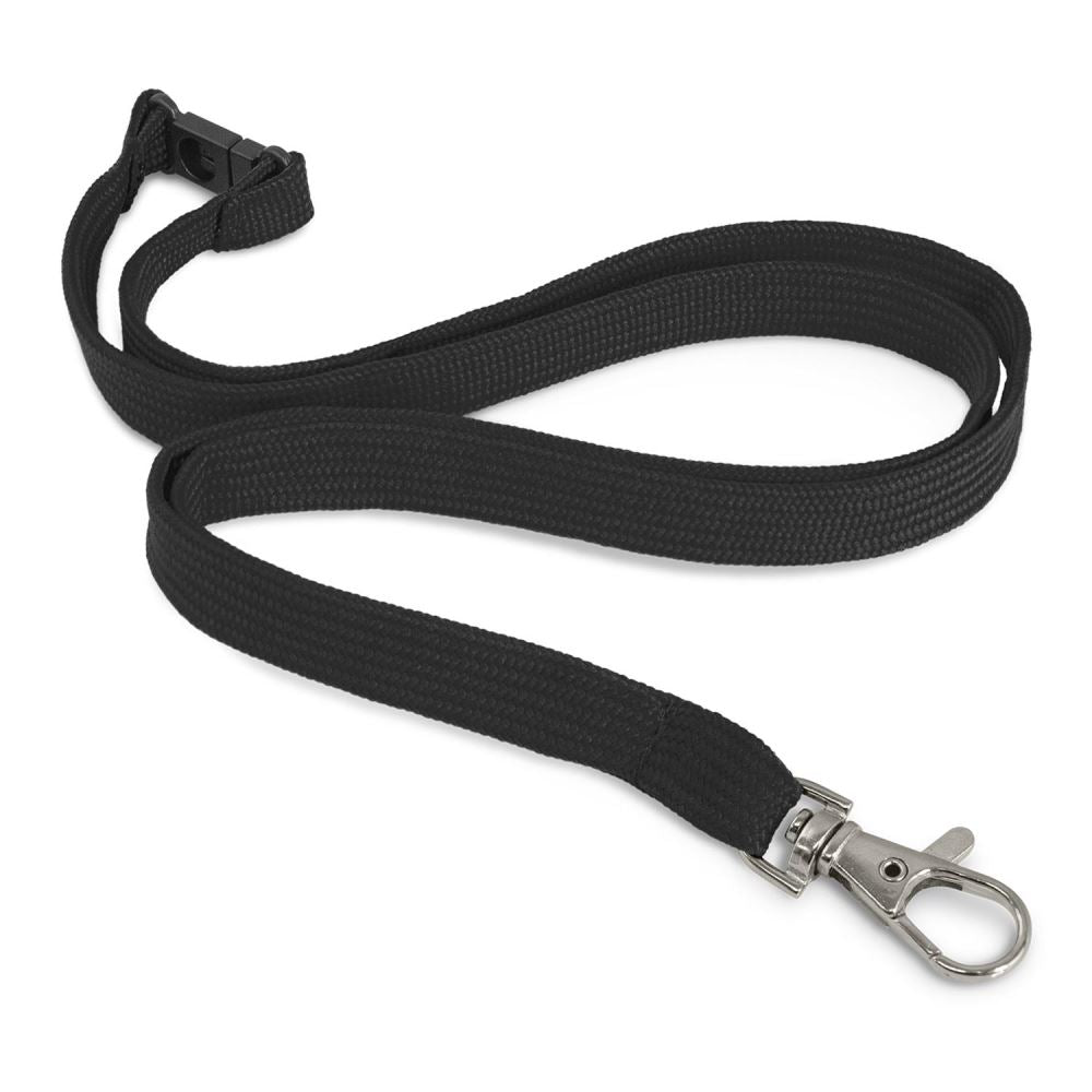Black lanyard with metal clip, 12mm wide and 490mm long, sold in packs of 100 for secure carrying of IDs and keys.