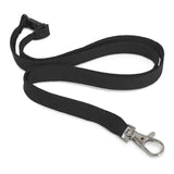Black lanyard with metal clip, 12mm wide and 490mm long, sold in packs of 100 for secure carrying of IDs and keys.