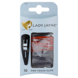 Colorful 10-pack of Lady Jayne One Touch Clips, featuring rust-resistant metal and snap-tight technology for secure hair styling.