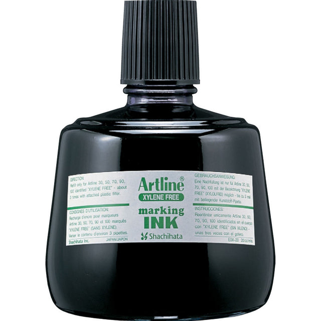 Black 330cc refill ink for Artline Esk-3 permanent markers, perfect for artists and professionals, includes a precise eye dropper.