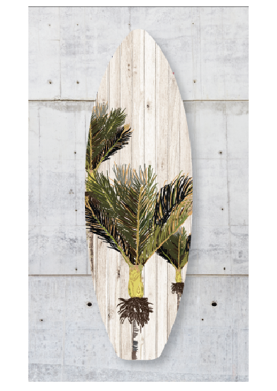 Nikau surfboard wall art on eco-friendly ply wood, showcasing tropical ocean vibes, perfect for decor enthusiasts.