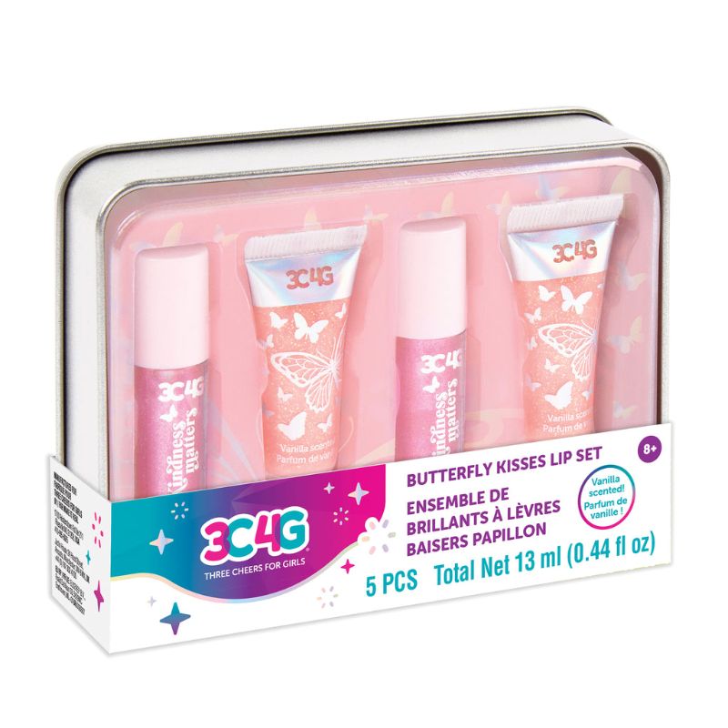 A luxurious 4-pack lip gloss set with wands and tubes, elegantly packaged in a butterfly-themed reusable tin.